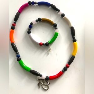 African Egytian style energy beaded necklace bracelet set w Ankh eye of horus